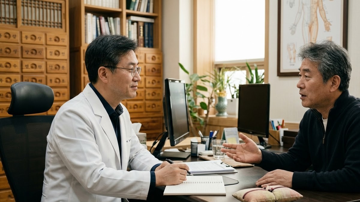 한의원 상담실에서 한의사가 50대 남성 환자의 이야기를 듣는 모습
