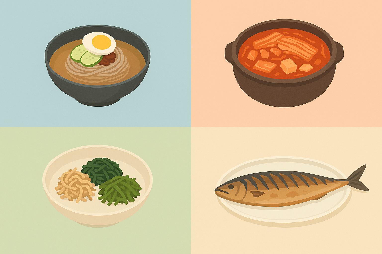 대한민국 대표 계절 음식 4가지, 좌상단 냉면, 우상단 뚝배기 찌개, 좌하단 계절 나물, 우하단 전어 스플릿 일러스트