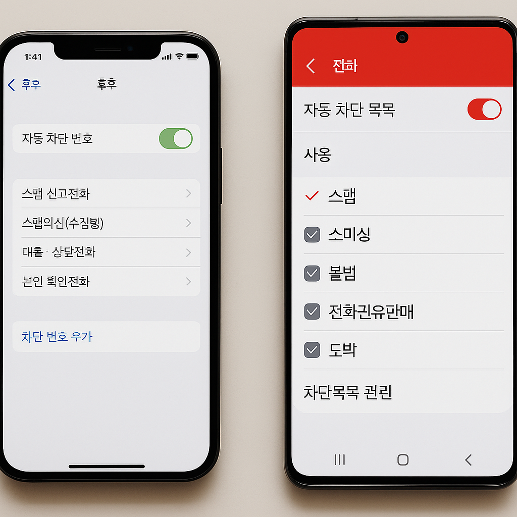후후/T전화 앱의 자동 차단 목록 설정 화면