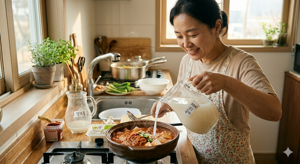 김치찌개에 쌀뜨물 넣는 장면