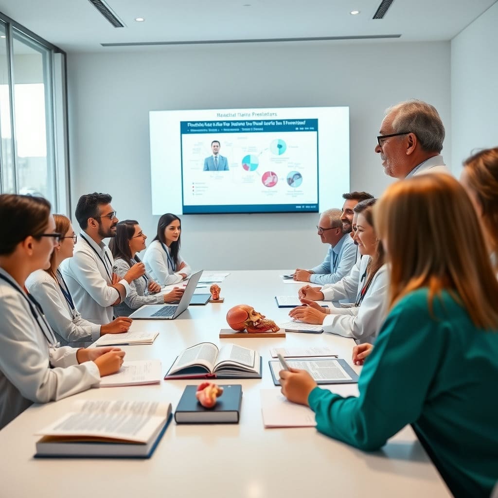 교수님이 의료진의 전문성 강화에 힘쓰고 있음을 보여주며, 팀워크와 교육의 중요성을 강조하는 이미지로 활용할 수 있습니다.