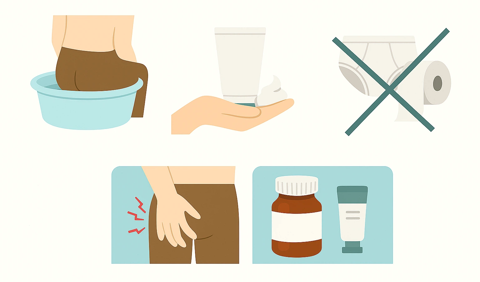 항문 가려움 관리법, 좌욕, 무향 보습제, 자극 제거(면 속옷, 무향 화장지), 손으로 긁지 않기, 의약품 사용(항히스타민제·항진균제)