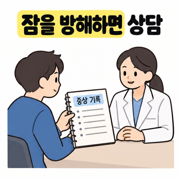 잠을 방해하면 상담 문구 아래 환자가 증상 기록장을 의료진에게 보여주며 상담하는 모습