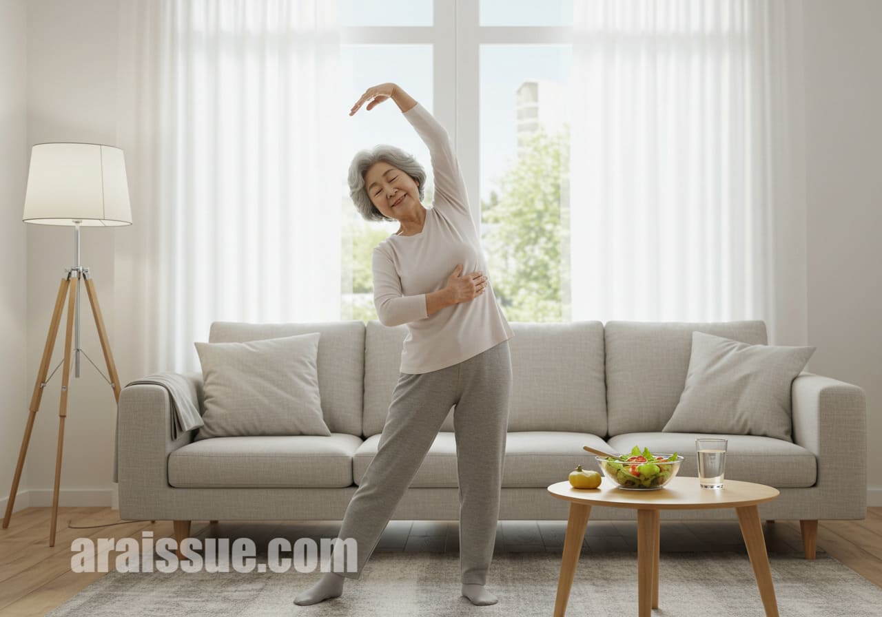 고령 여성이 집에서 스트레칭하며 건강 관리를 실천하는 장면