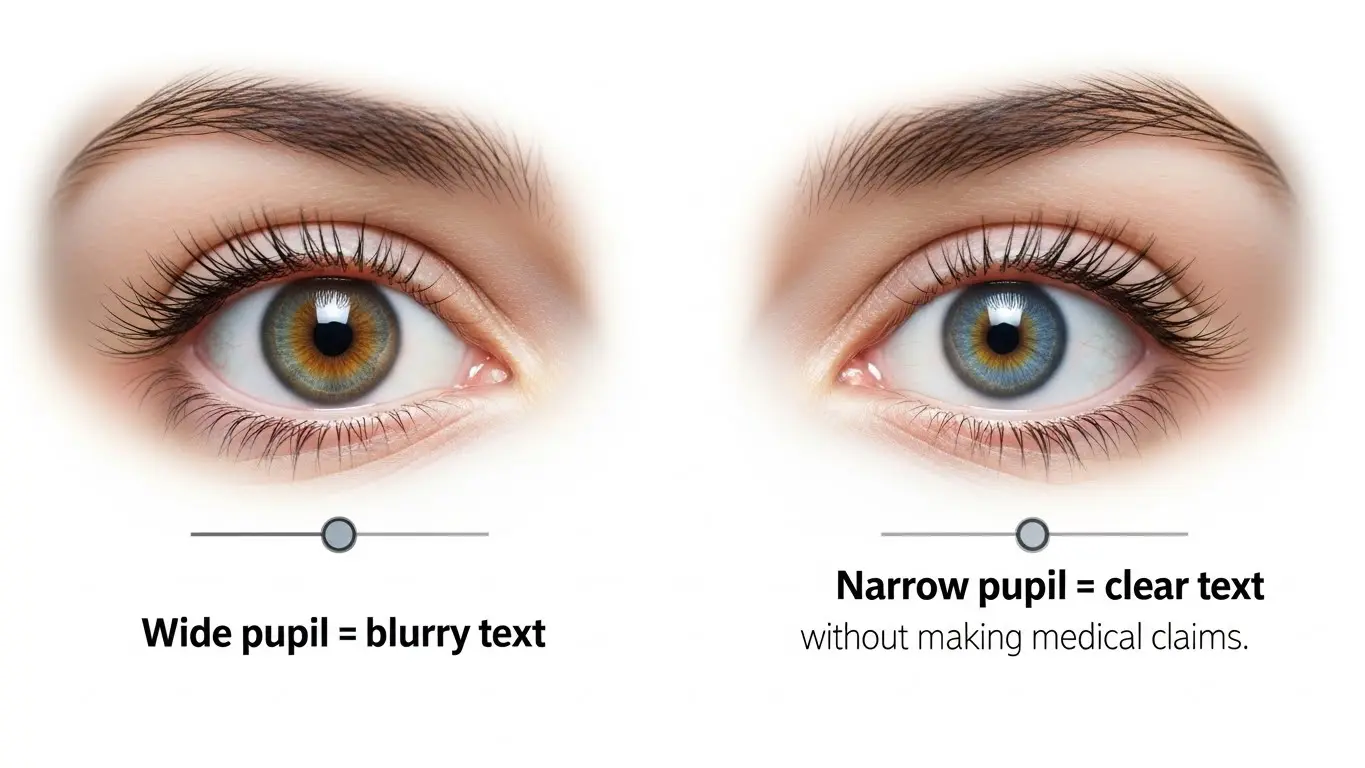 넓은 동공과 좁은 동공을 비교하여 핀홀 효과로 선명도가 달라지는 원리를 설명하는 시각 자료