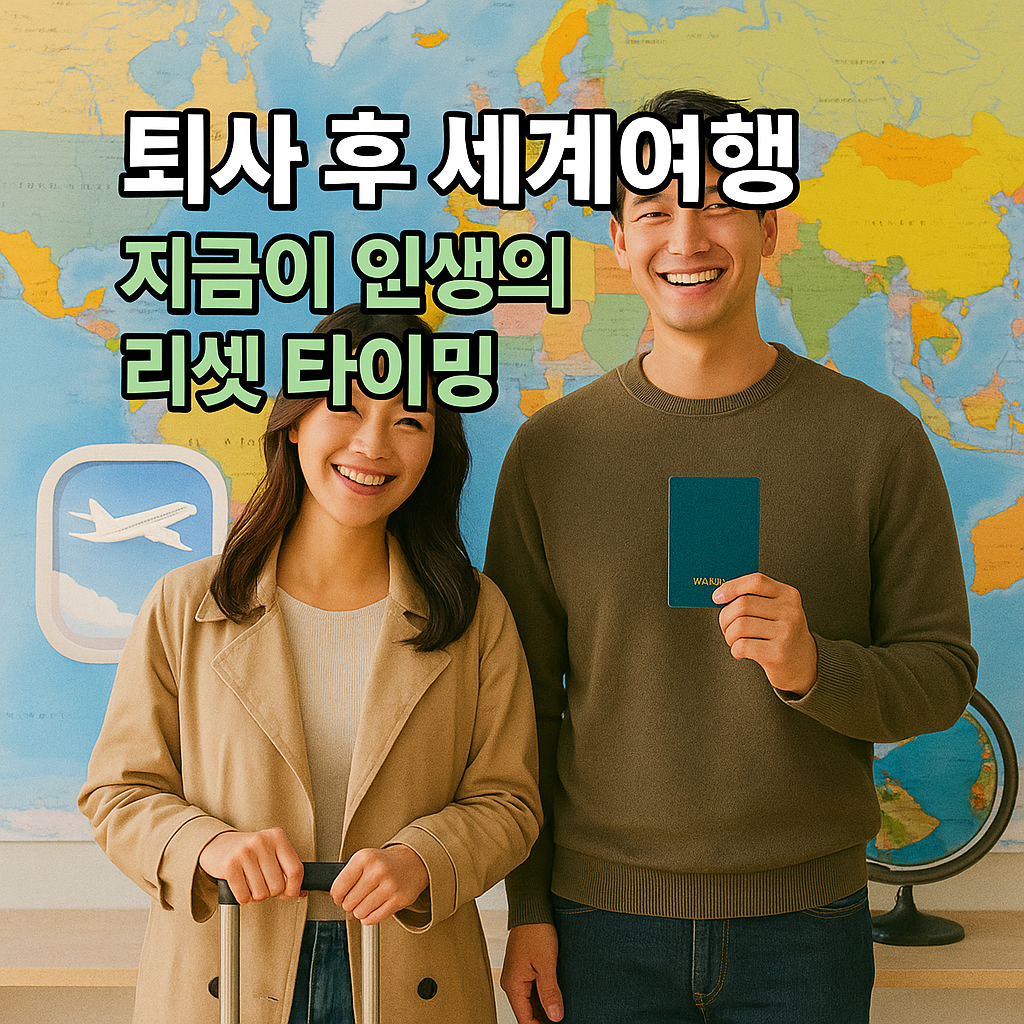 세계지도 앞에서 여행 가방과 여권을 들고 미소 짓는 커플