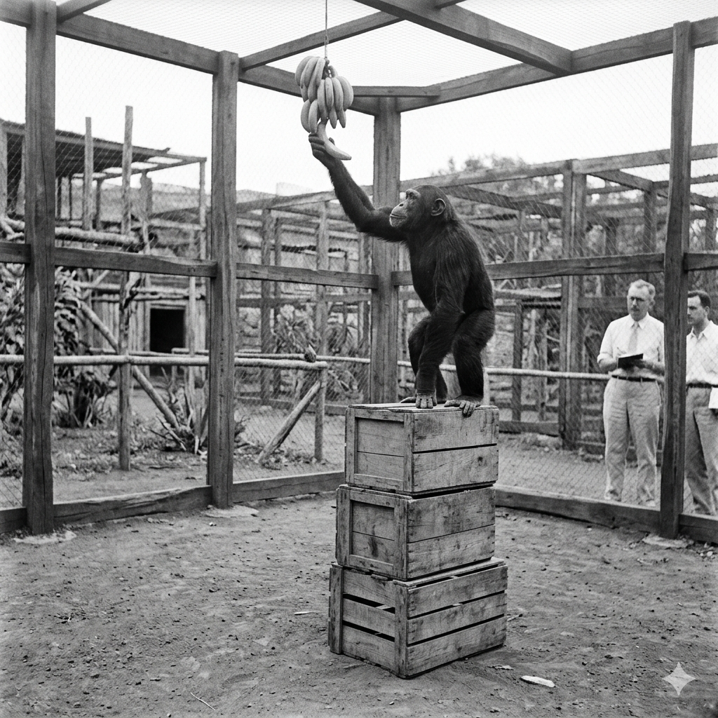 쾰러의 침팬지 실험 : 1910~20년대 흑백 사진 스타일로 재현된 쾰러의 침팬지 실험 장면. 야외 우리 안에서 침팬지 한 마리가 세 개의 나무 상자를 수직으로 쌓아 올린 뒤 그 위에 올라타 천장에 매달린 바나나를 잡으려 하고 있다. 배경에는 이를 관찰하며 기록하는 연구원들의 모습이 보인다.