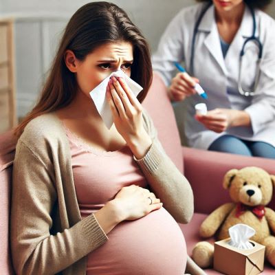 임산부가 알러지비염으로 코를 닦고 있다.