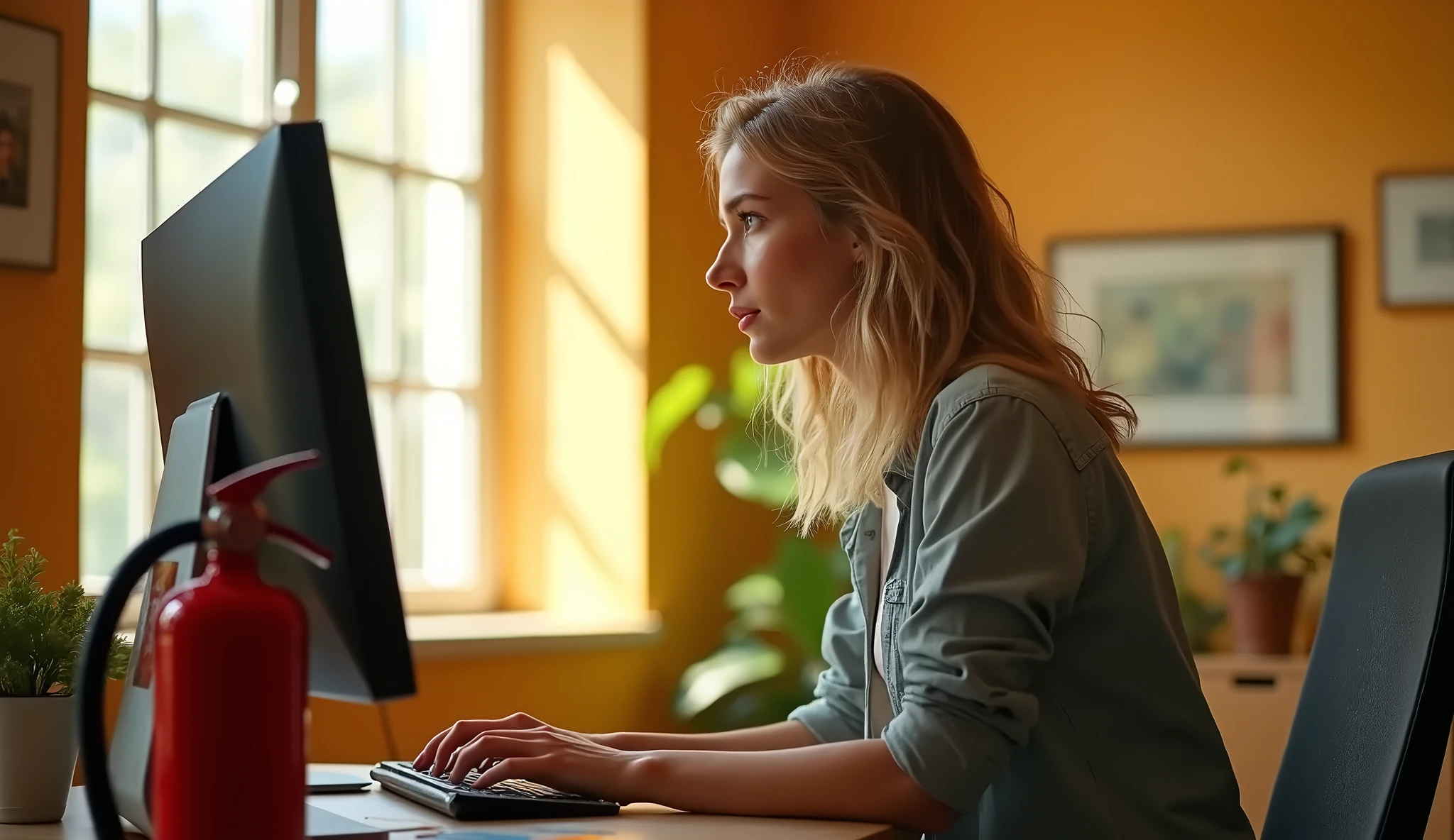 컴퓨터로 일하는 여자 이미지