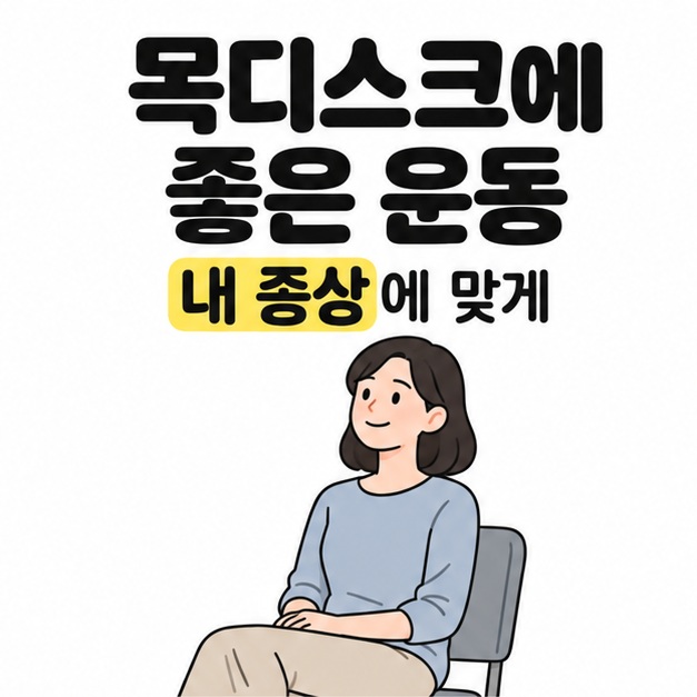목디스크에 좋은 운동 제목과 내 증상에 맞게 문구 아래에 어깨의 힘을 빼고 의자에 편하게 앉은 성인이 그려진 모습