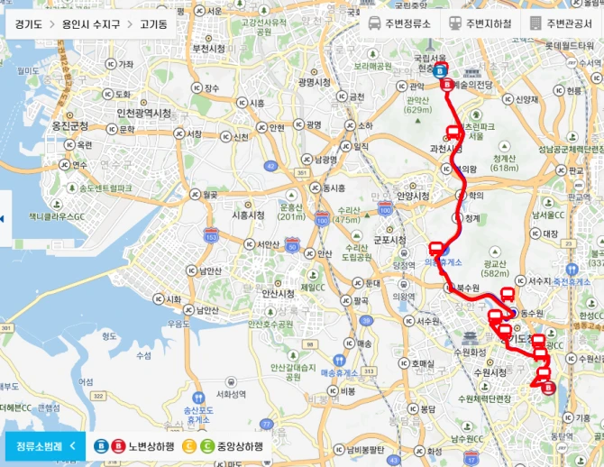 수원-심야버스-7000번-직행좌석버스-경유지-노선도