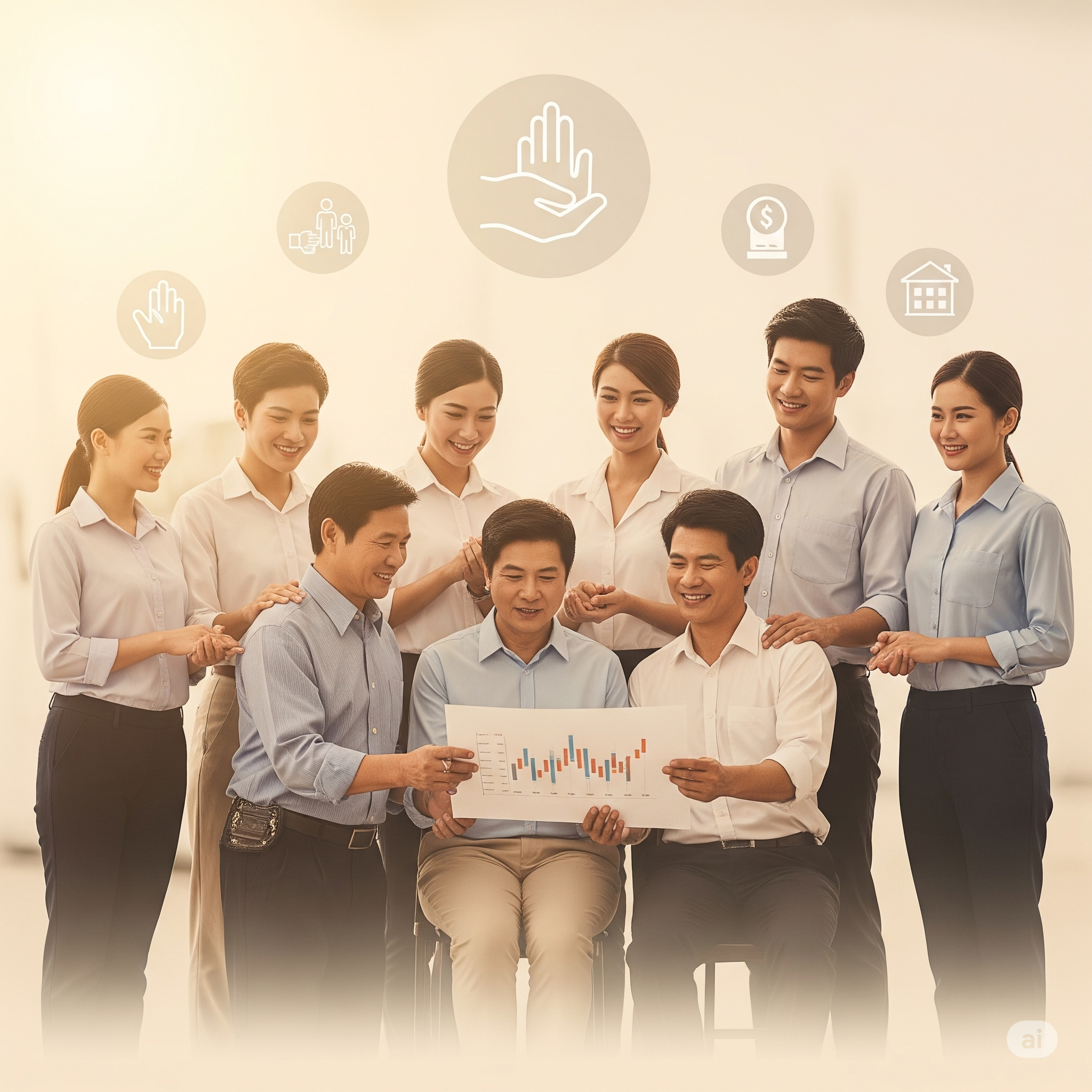 다양한 연령대의 사회복지사들이 함께 모여 밝게 웃으며 미래를 계획하고 있는 모습. 돈을 저축하거나 재정 관련 차트를 보며 안정적인 노후를 상징하는 이미지.