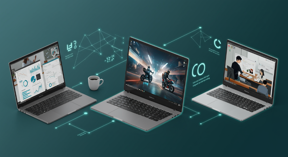 2025년 17인치 노트북의 세 가지 주요 용도(업무, 게이밍, 인강)를 시각적으로 분할하여 보여주는 이미지. 각 구역에는 해당 용도에 맞는 사용 환경과 핵심 기술(AI, 고성능 그래픽, OLED)이 직관적으로 표현되어 있다.