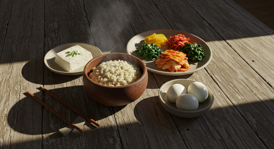 단백질 위주로 구성된 하루 식단(달걀, 연어, 두부, 채소)