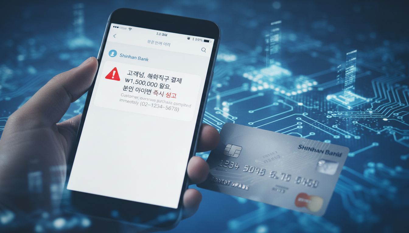신한카드를 들고 스미싱 의심 메시지를 경계하는 사람의 손. 금융 사기 위험을 경고하는 이미지.