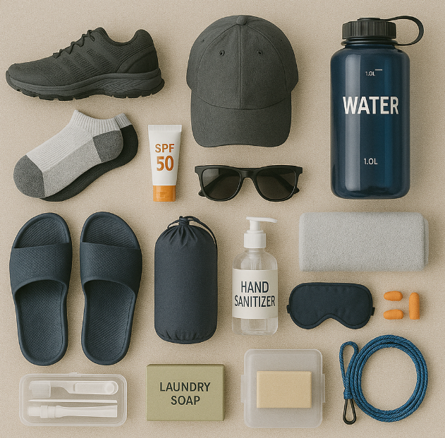 방수기능 신발, 기능성 스포츠 양말, 모자, 선글라스, 자외선 차단제, 개인용 물병(1L 이상), 손세정제, 휴대용 수건, 슬리퍼, 침낭, 침낭라이너, 귀마개, 안대, 소형 세면도구, 속옷/양말 세탁용 비누, 휴대 빨래줄 사진