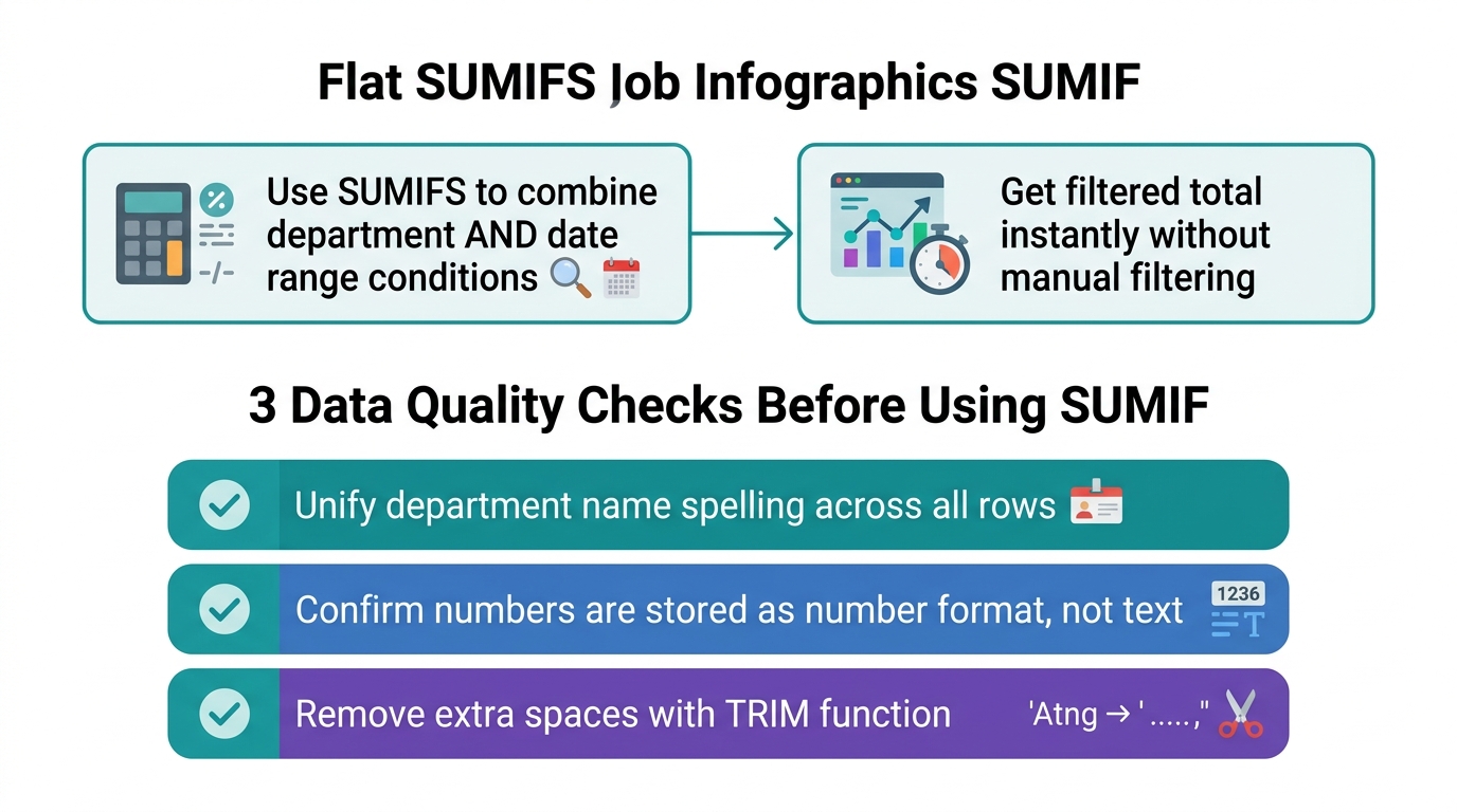 SUMIFS 다중 조건 활용과 SUMIF 도입 전 확인할 3가지 데이터 품질 체크리스트를 보여주는 Flat 2D 인포그래픽으로, 상단에는 부서 조건과 날짜 조건을 결합하는 SUMIFS 흐름도, 하단에는 부서명 표기 통일&middot;숫자 형식 확인&middot;TRIM 함수로 공백 제거의 3단계 체크리스트가 표시된다.