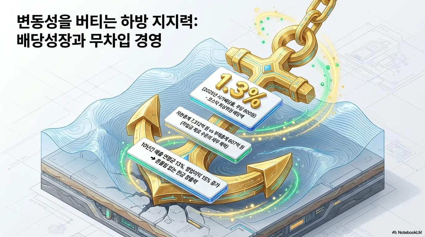 리노공업 주가 전망: 리노공업의 변동성 하방 지지력을 닻으로 표현한 인포그래픽. 1주당 800원과 시가배당률 1.3%의 결산배당, 자본총계 7,312억원 대비 부채총계 607억원의 차입금이 거의 없는 재무 체력, 10년간 매출 연평균 13%·영업이익 15% 성장을 보여주며, 블로그의 리노공업 주가 전망 주제와 관련된 배당과 재무 안정성을 설명함