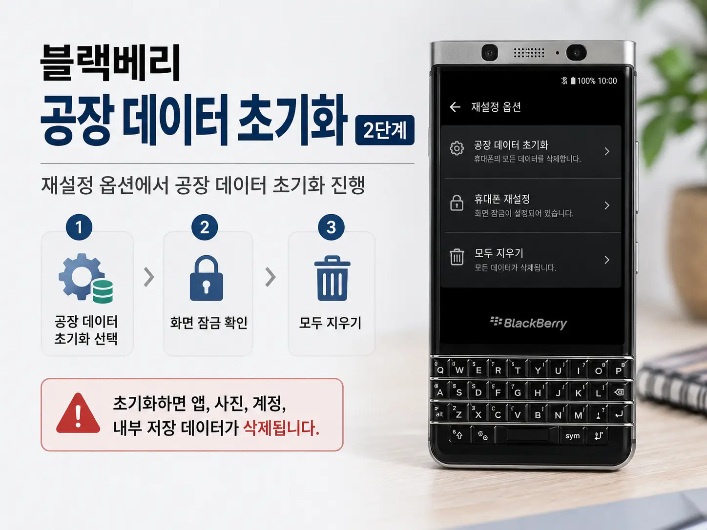 블랙베리 KEY2 공장 데이터 초기화 메뉴 모두 지우기 진행 화면