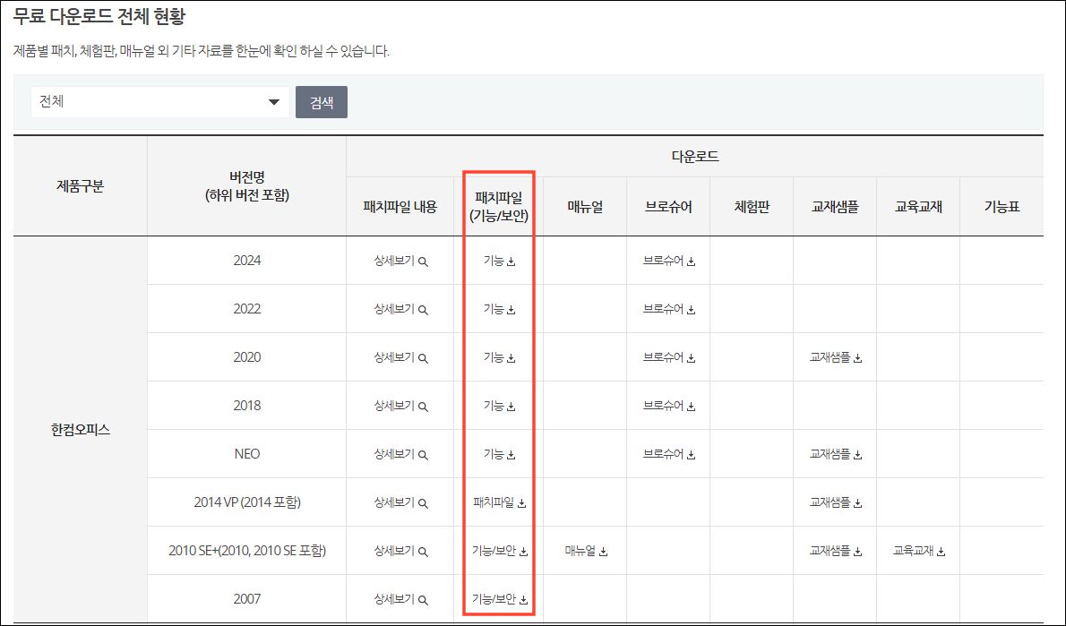 한글 업데이트 패치 파일 다운로드