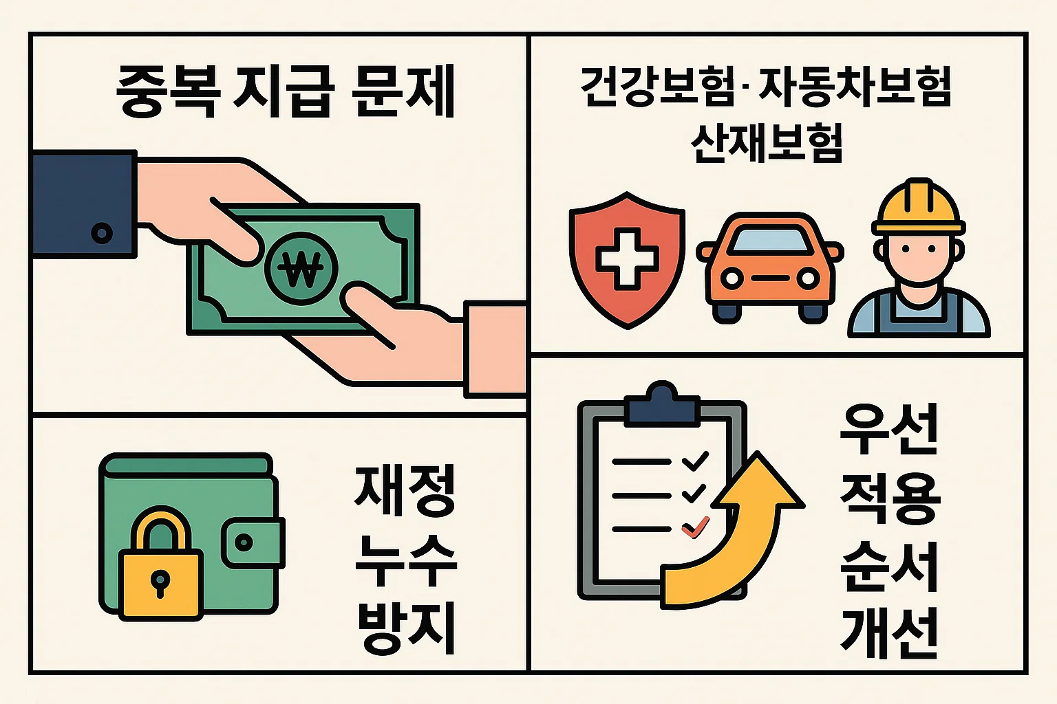 실손의료보험 재정 건전성을 위한 중복지급 문제 개선, 건강보험·자동차보험·산재보험 우선 적용, 재정 누수 방지 전략을 담은 인포그래픽