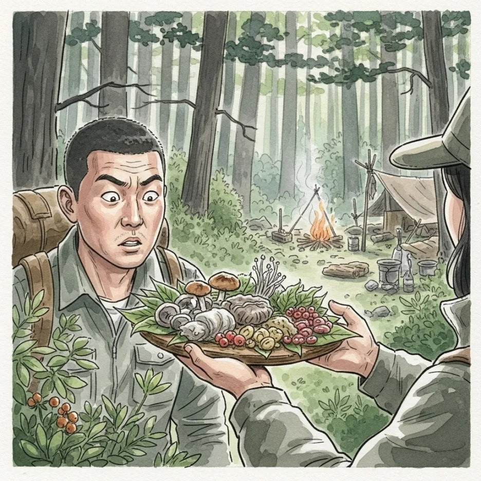 숲 속에서 낯선 음식을 마주한 순간