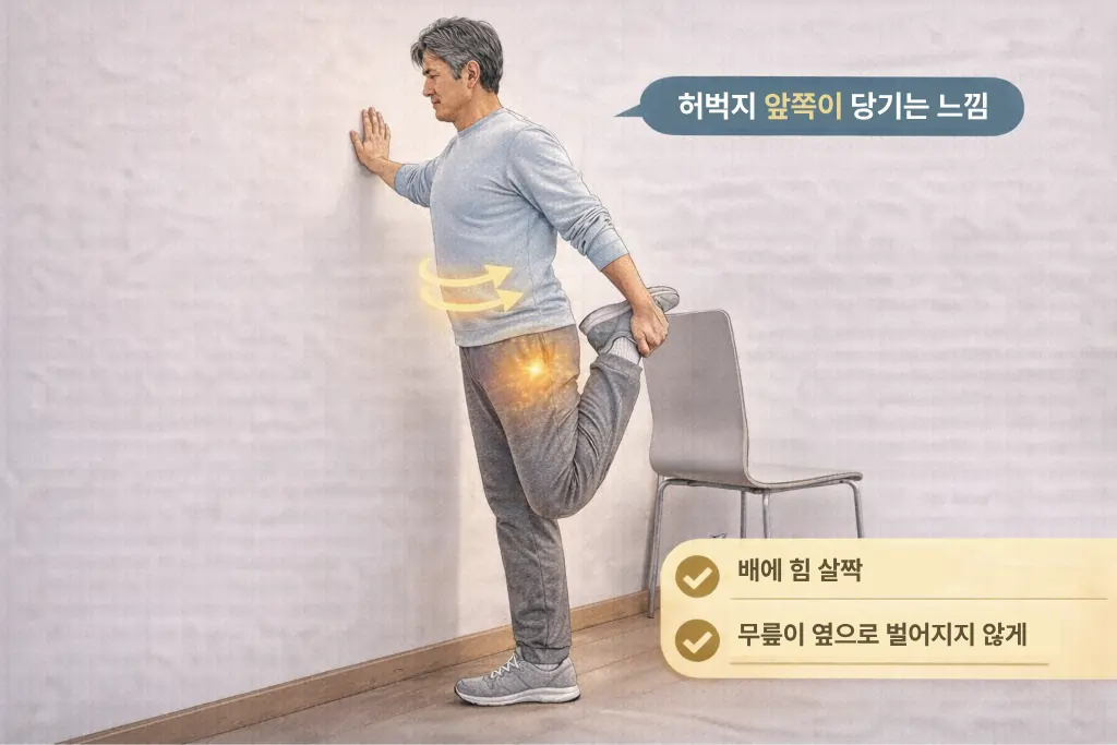 3) 앞허벅지 스트레칭(서서, 벽/의자 잡고) 그림