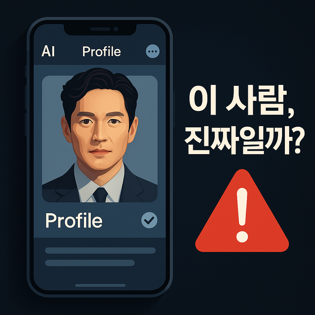 “AI로 생성된 가짜 연예인 프로필과 로맨스 스캠 경고 인포그래픽”