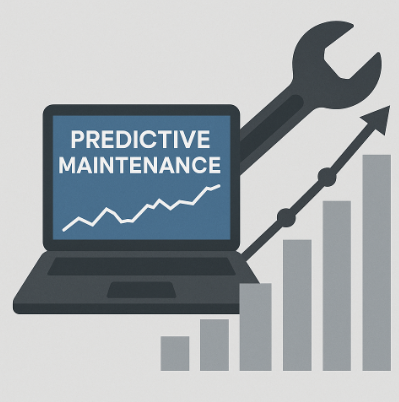 노트북 화면에 ‘PREDICTIVE MAINTENANCE’ 문구와 상승 곡선 그래프가 표시되고 옆에 커다란 렌치와 막대그래프가 배치된 일러스트