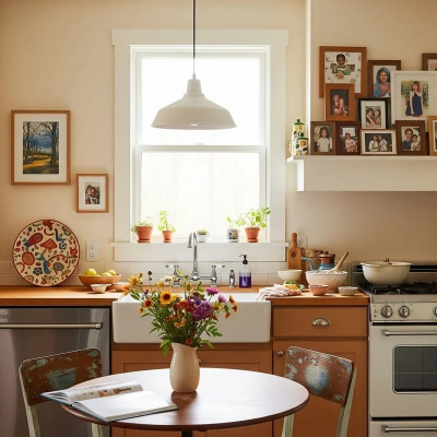 아침에 부엌에서 물을 끓이며 하루를 준비하는 조용한 실내 모습