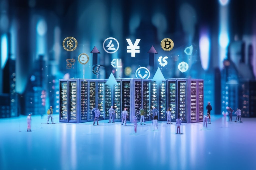 AI 데이터센터 시장의 성장과 델의 실적 상승을 나타내는 미니어처 디오라마 스타일, 틸트시프트 효과