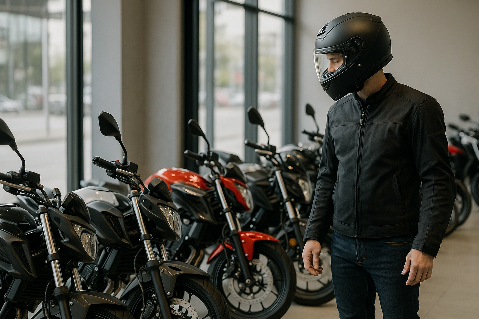 전시장에서 250cc급 바이크를 둘러보는 라이더