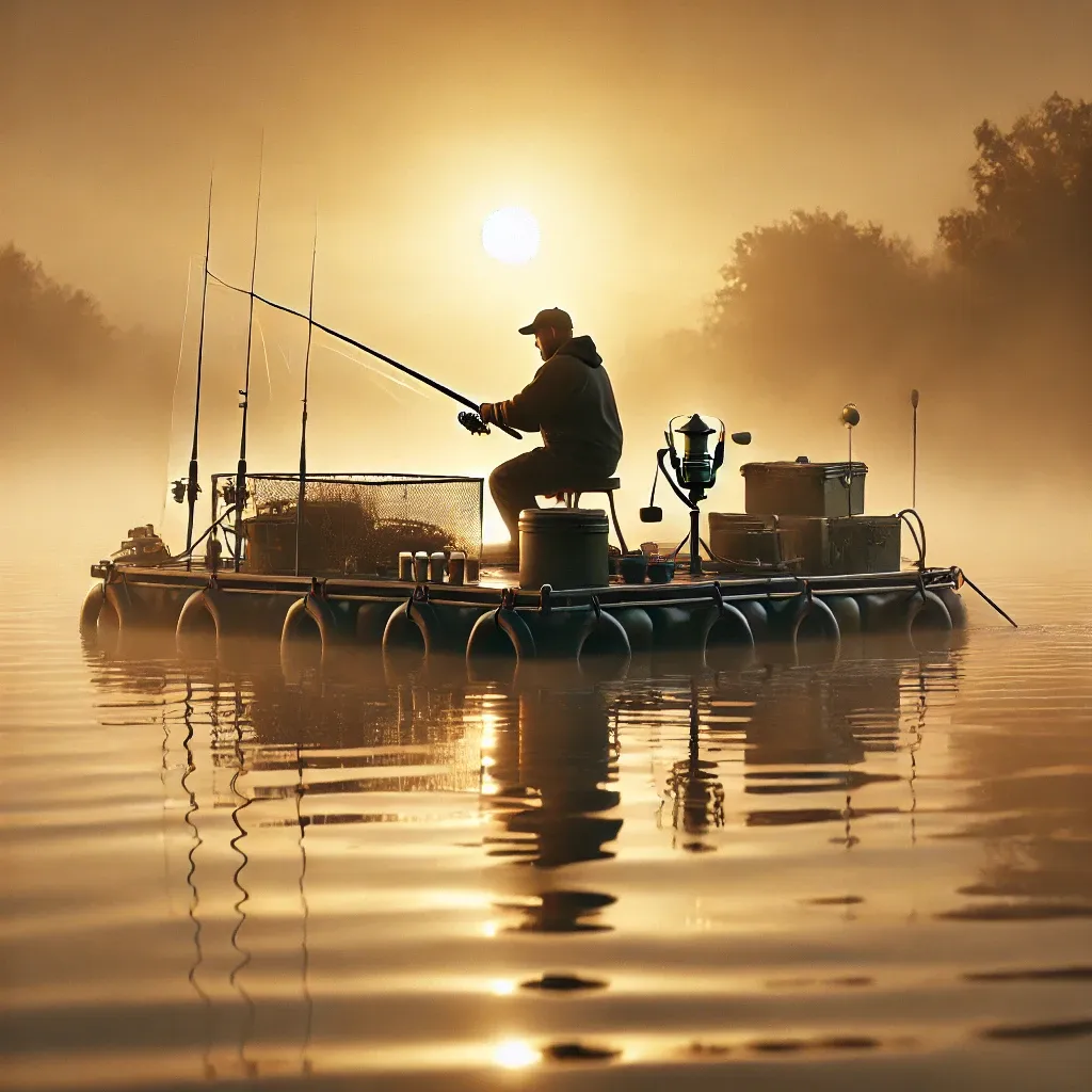 이른 아침 좌대 낚시 준비하는 낚시꾼의 풍경