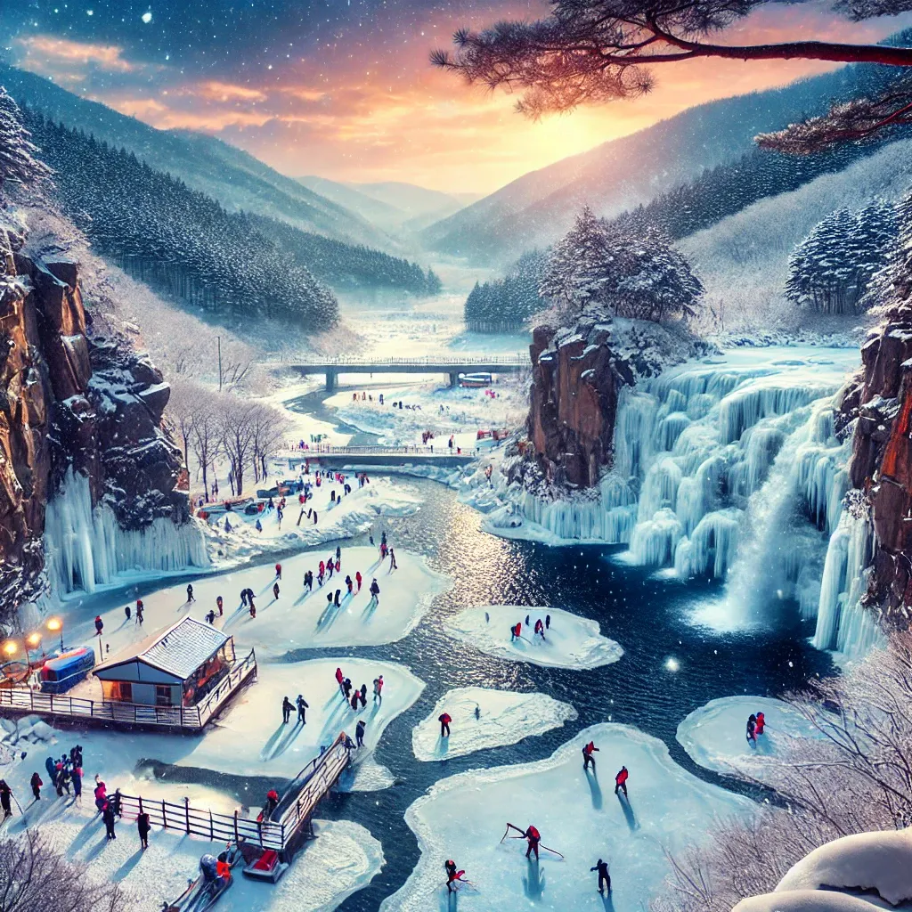 청송 얼음골의 얼어붙은 폭포와 겨울 스포츠를 즐기는 사람들