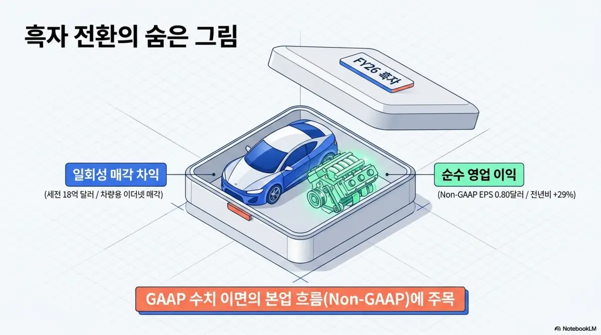 마벨 테크놀로지의 FY26 GAAP 흑자에 차량용 이더넷 사업 매각으로 발생한 세전 약 18억 달러의 일회성 차익이 섞여 있어&amp;#44; 본업의 실제 수익성은 Non-GAAP 지표로 봐야 함을 보여주는 웹배너 이미지. 일회성 매각 차익과 순수 영업 이익을 구분해 흑자 전환의 숨은 그림을 시각화함. 블로그의 마벨 테크놀로지 실적 분석과 주가 전망과 관련된 내용을 설명함.