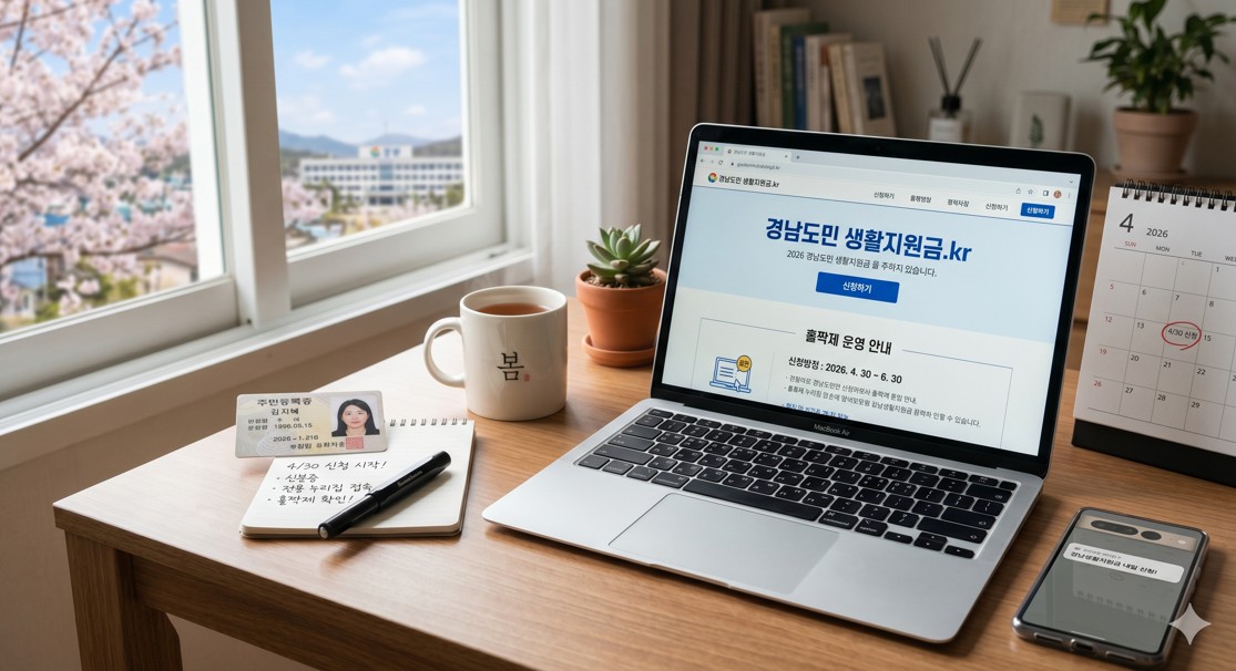 노트북과 신분증이 놓여 있는 책상 위의 평온한 신청 준비 모습