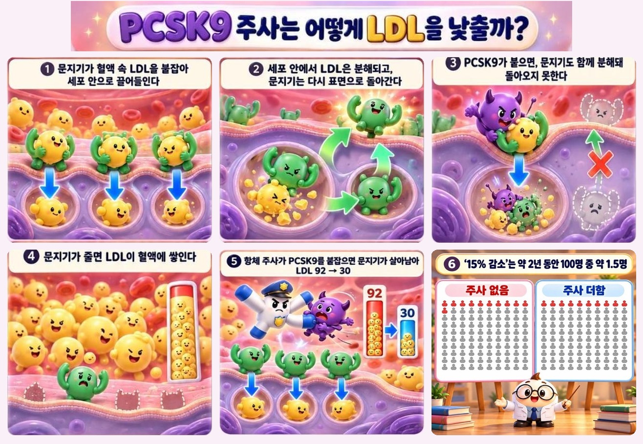 PCSK9 주사가 LDL을 낮추는 과정을 6칸으로 그린 설명 만화