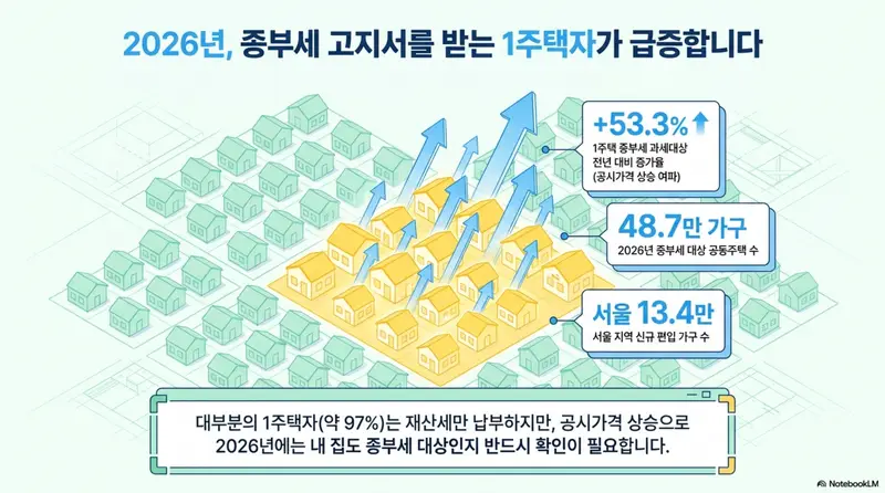 종부세 과세대상: 2026년 종부세 고지서를 받는 1주택자가 급증했음을 보여주는 인포그래픽. 1주택 종부세 과세대상 전년 대비 53.3% 증가&amp;#44; 총 48만 7천 가구&amp;#44; 서울 신규 편입 13만 4천 가구 등 핵심 수치를 시각적으로 정리한 이미지 