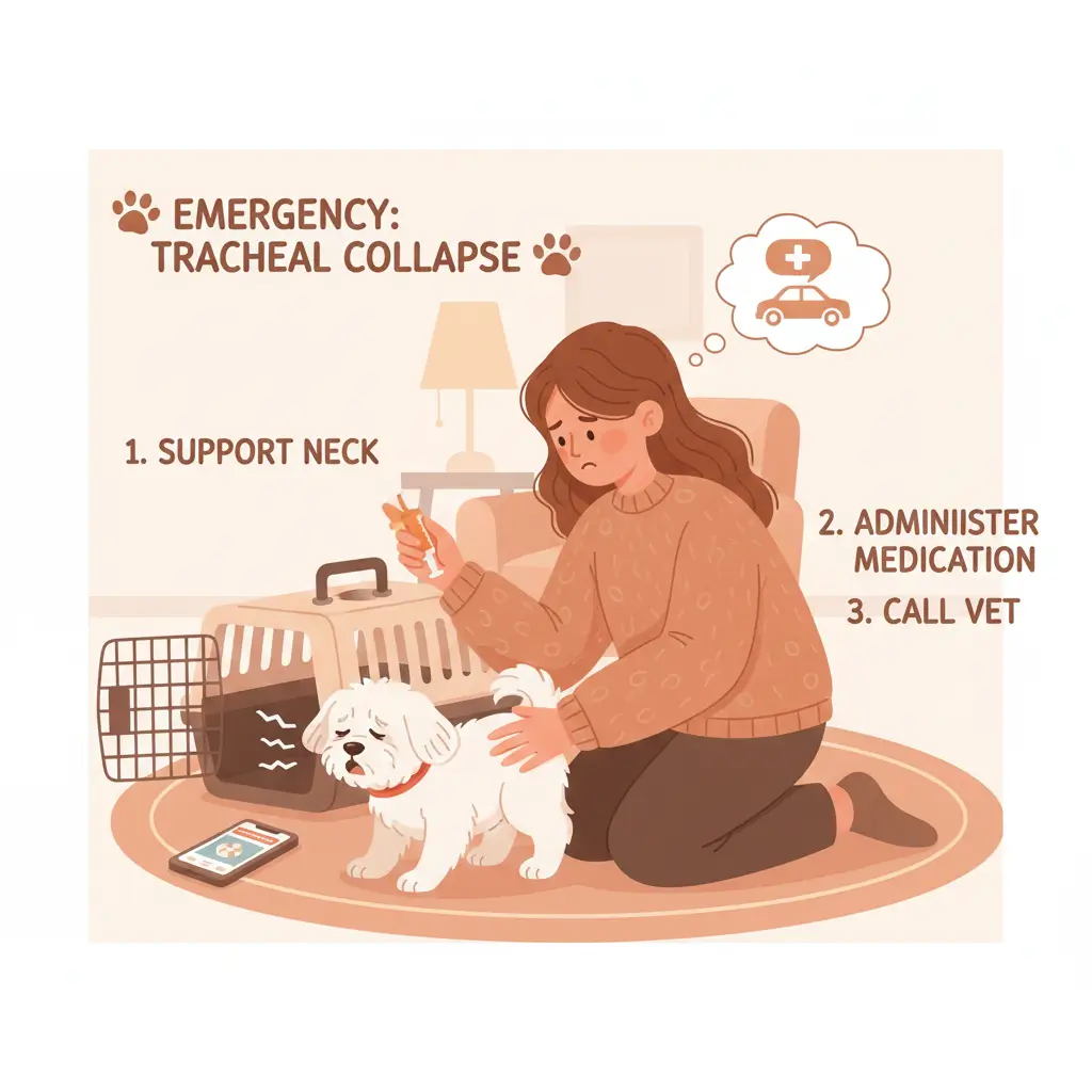 강아지가 호흡 곤란을 겪을 때 보호자가 안정시키고 산소 공급 장치를 사용하는 모습