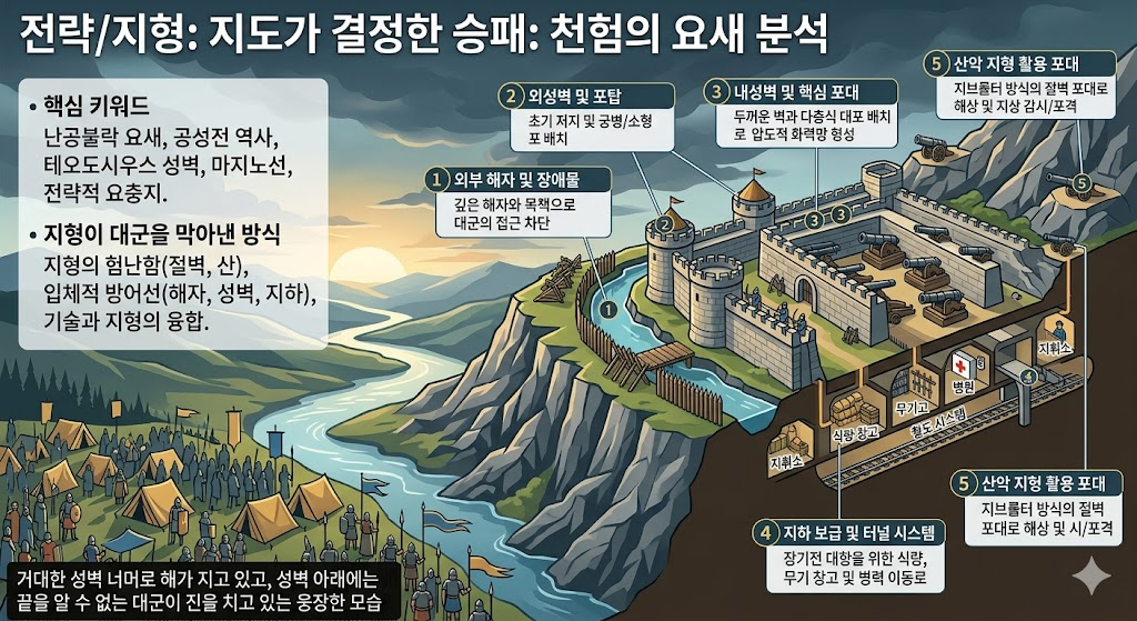 콘스탄티노폴리스의 3중 성벽 구조와 지브롤터의 지하 터널, 그리고 마지노선의 지하 현대 시설 개념을 종합적으로 시각화