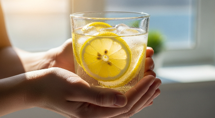 햇살 아래 레몬 조각이 담긴 시원한 물잔을 들고 있는 손. 아침에 몸을 깨우고 활력을 주는 물 마시기를 상징합니다.