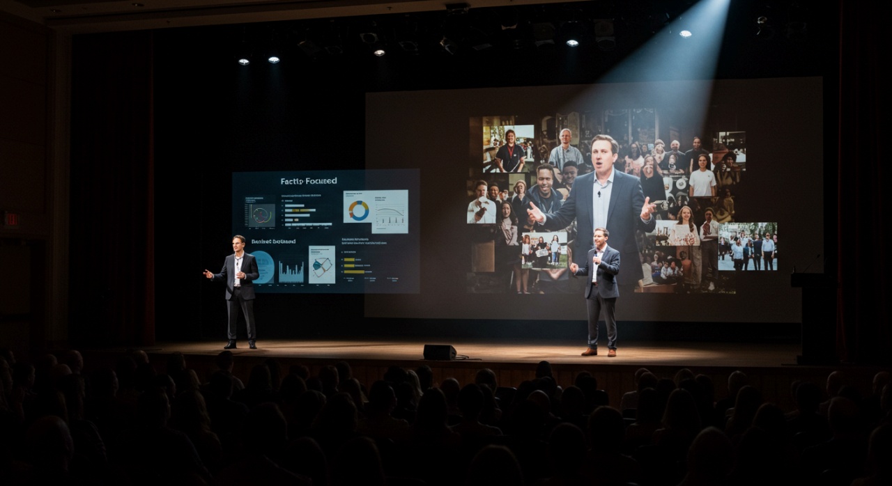 스토리 기반의 연설로 스포트라이트를 받는 연사와 사실과 데이터에 기반한 연설을 하는 연사