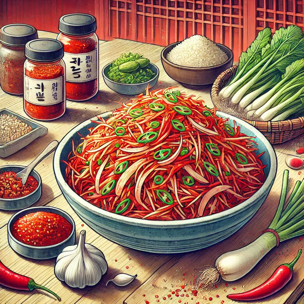 큰 볼에 무채, 쪽파, 갓이 고춧가루 양념에 버무려진 김장속 준비 장면