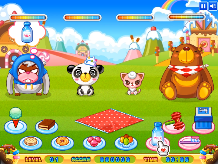 동물농장-타이쿤-플래시게임-플레이-원숭이의-요구를-들어주기-위해-빈-유리병에-우유를-담는-화면