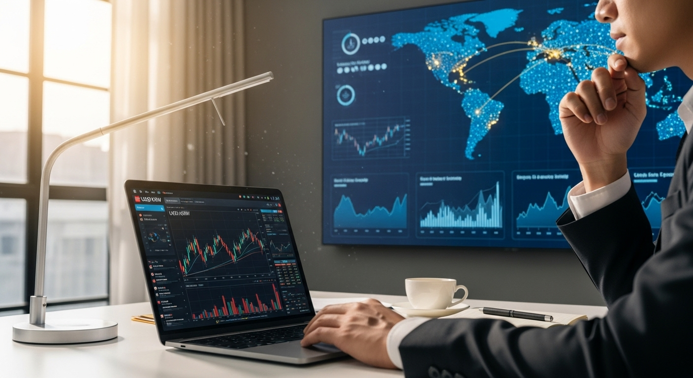 달러 환율 변동과 주식 시장 데이터를 함께 분석하는 투자자의 모습