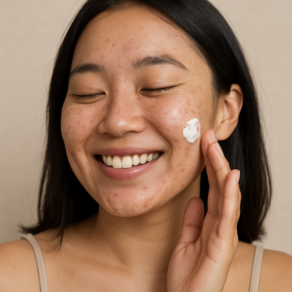 여드름 흉터 관리 하는 여성 사진