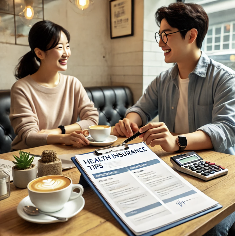 카페에서 두 사람이 건강보험 팁을 주고받으며 대화를 나누는 장면