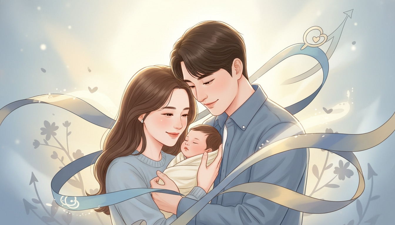 은가은 박현호 부부가 신생아를 안고 행복하게 미소 짓는 모습, 따뜻한 분위기 속에서 정부 출산 지원 정책의 희망을 상징함.