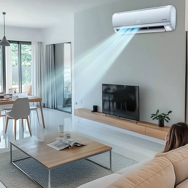 현대적인 거실에서 미니멀한 디자인의 에어컨이 시원하고 조용한 분위기를 조성합니다. 세련된 가구들과 어우러져 편안함을 강조합니다.