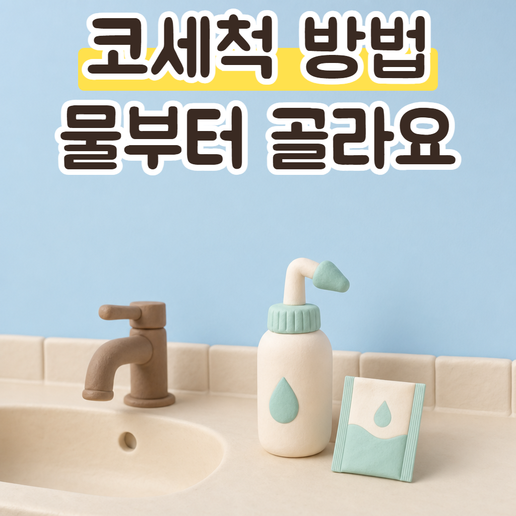 세면대 앞에 놓인 코세척기와 식염수
